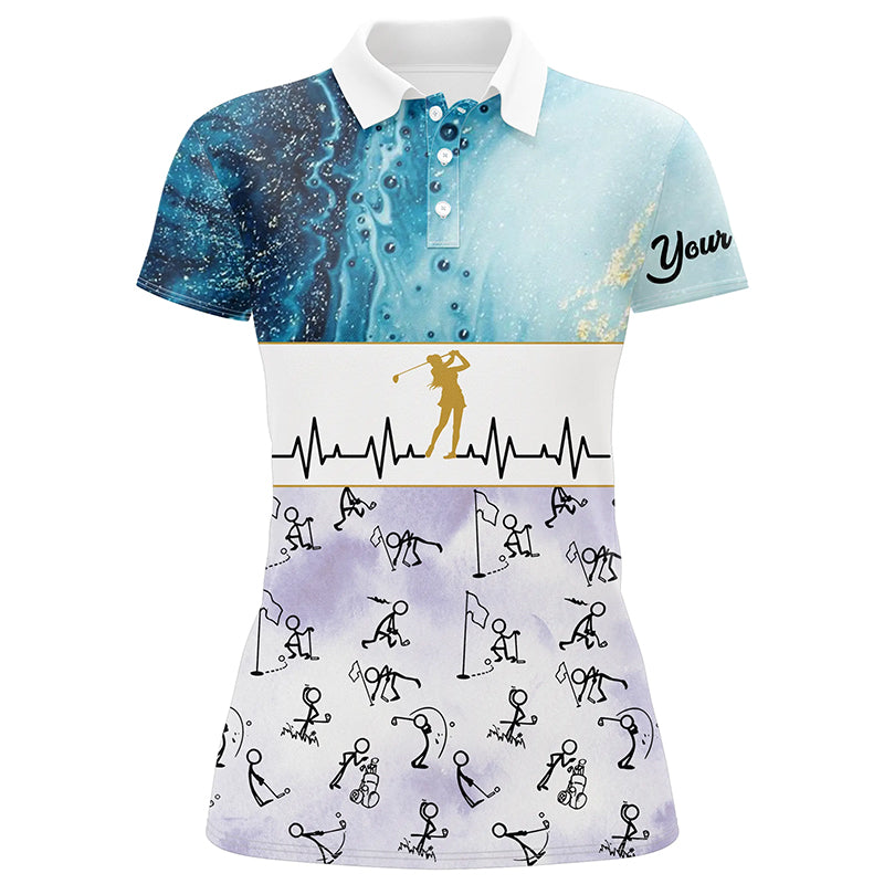 Custom Stick Figures Playing Golf Blue Marble Heartbeat Golf Shirts For Women Golf Gifts LDT0385