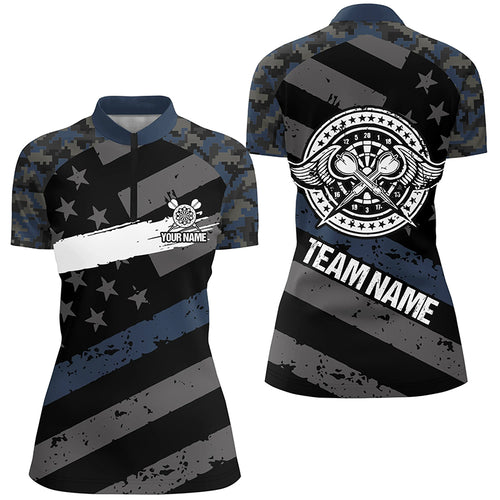 Custom Blue Camo Retro American Flag Patriotic Darts Quarter Zip Shirt Women Darts Jersey LDT0398