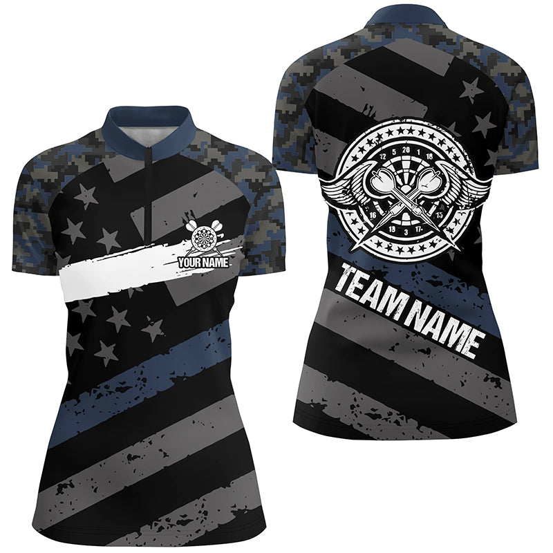 Custom Blue Camo Retro American Flag Patriotic Darts Quarter Zip Shirt Women Darts Jersey LDT0398