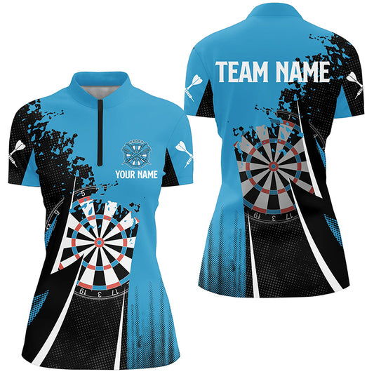 Black Blue Women Darts Quarter Zip Shirt Custom Cool Darts Shirt For Women Darts Jersey LDT0408