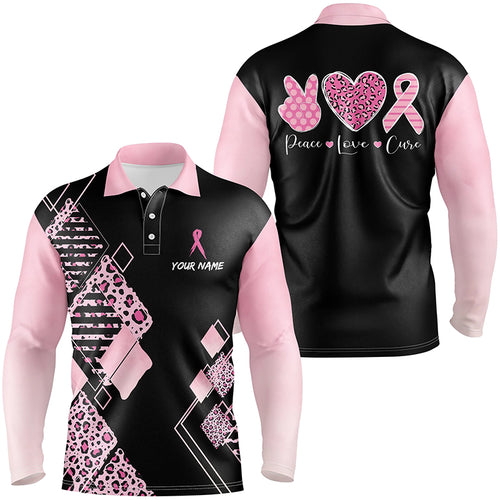 Black & Pink Leopard Pattern Mens Golf Polo Shirts Breast Cancer Pink Ribbon Golf Shirts For Men LDT1352
