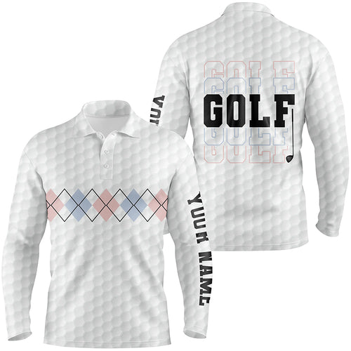 Pink Blue Argyle Pattern Mens Golf Polo Shirts Custom Cool White Golf Shirts For Men Golf Gifts LDT0950