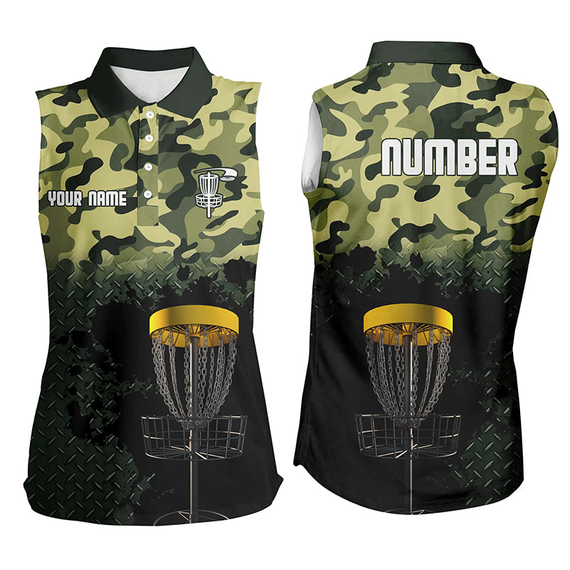 Green Camo Womens Sleeveless Disc Golf Polo Shirts Custom Camo Golf Shirts For Women Disc Golf Gifts LDT0164
