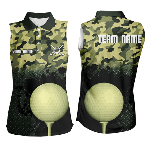 Green Camo Womens Sleeveless Golf Polo Shirts Custom Camouflage Golf Shirts For Women, Golfer Gifts LDT0165