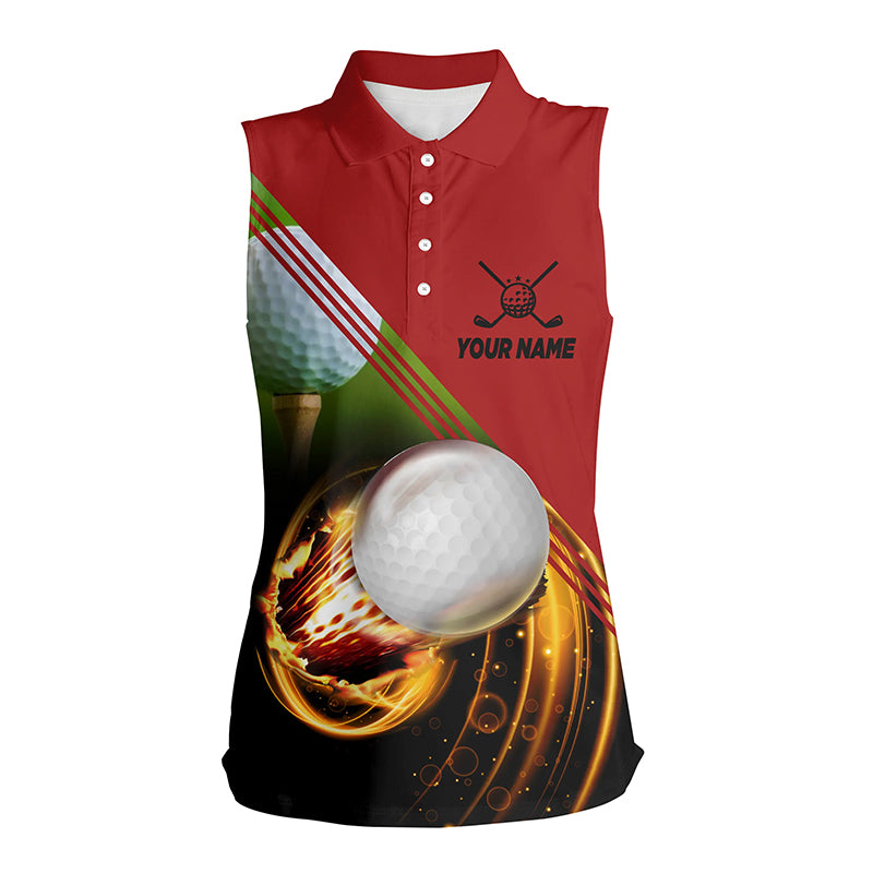 Womens 3D Polo Sleeveless Golf Shirt Customized Golf Ball Pool Fire Red Golf Tops For Women Golf Gift LDT0173