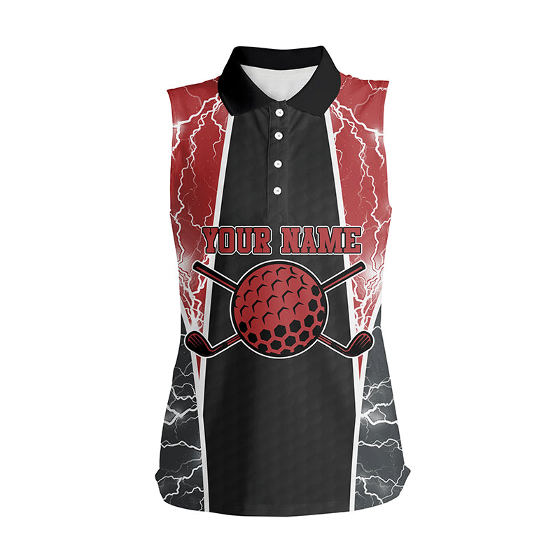 Customized Lightning Womens Sleeveless Golf Polos, Red And Black Golf Shirts For Women, Golf Gifts LDT0180