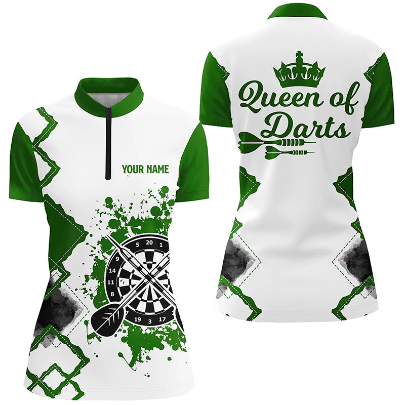 Queen Of Darts Green White Darts Quarter Zip Shirt Customized Cool Darts Jersey For Women LDT0968