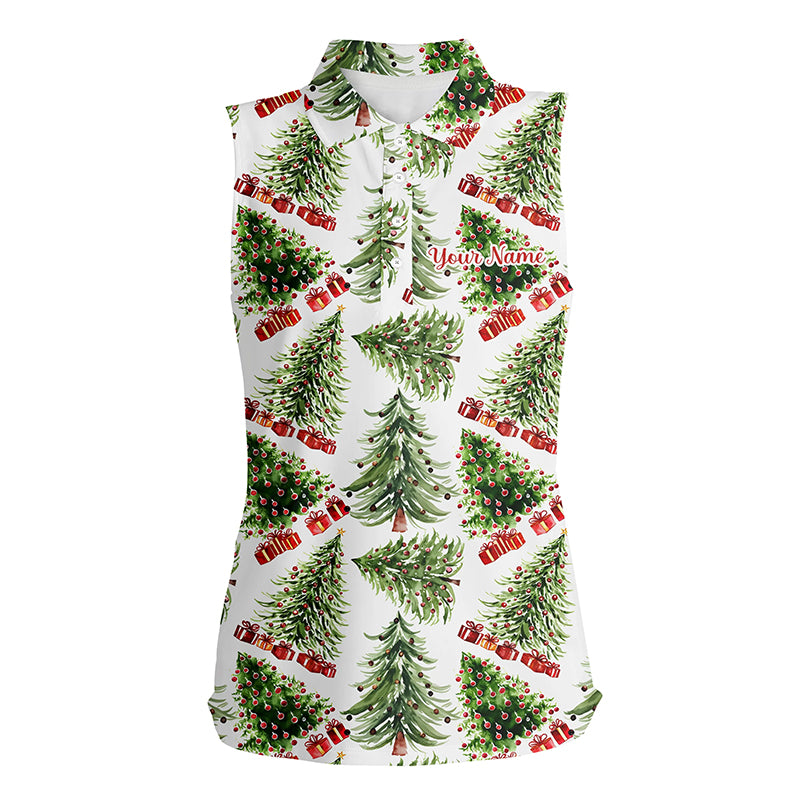 Watercolor Christmas Trees And Gifts Womens Sleeveless Golf Polo Shirt Winter Golf Shirts For Women LDT0759