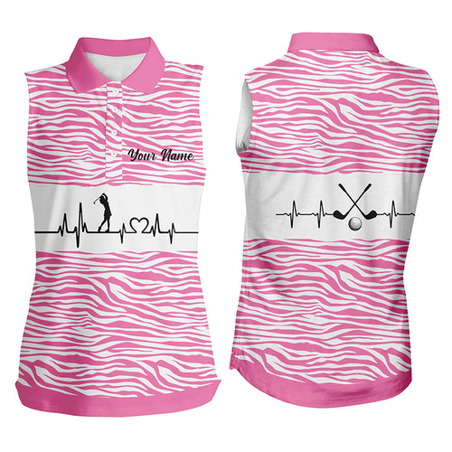Pink Zebra Pattern Golf Girl Heartbeat Women Sleeveless Polo Shirt, Best Pink Golf Shirt For Ladies LDT0005