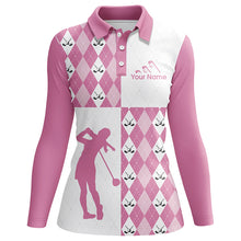 Load image into Gallery viewer, Golf Athleisure Pink Argyle Pattern Custom Name Women Polo Shirt Pink Golf Shirt For Ladies LDT0009