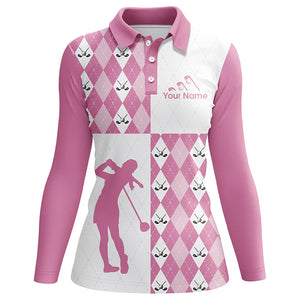 Golf Athleisure Pink Argyle Pattern Custom Name Women Polo Shirt Pink Golf Shirt For Ladies LDT0009