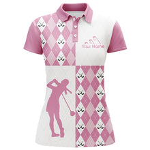 Load image into Gallery viewer, Golf Athleisure Pink Argyle Pattern Custom Name Women Polo Shirt Pink Golf Shirt For Ladies LDT0009