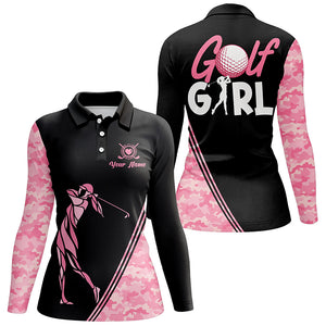 Golf Girl Pink Camo Pattern Womens Golf Polo Shirt Custom Name Funny Golf Shirt For Ladies LDT0012