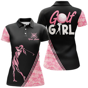 Golf Girl Pink Camo Pattern Womens Golf Polo Shirt Custom Name Funny Golf Shirt For Ladies LDT0012