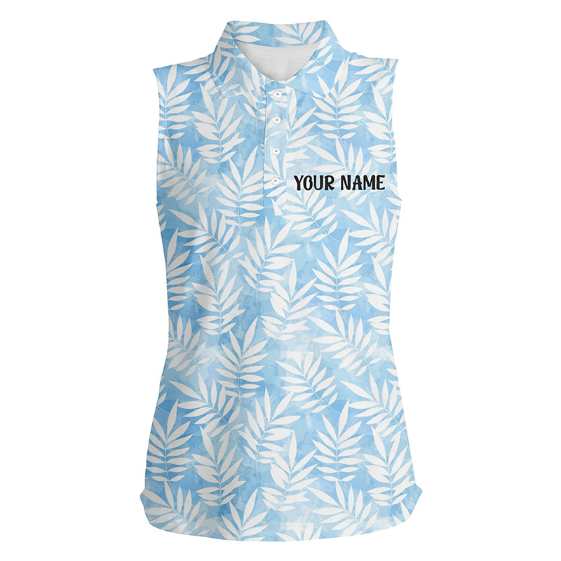 Womens Sleeveless Polo Shirt Watercolor Blue Leaves Tropical Pattern Personalized Golf Tops For Women LDT0982