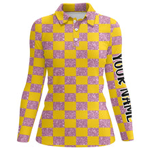 Load image into Gallery viewer, Yellow Purple Twinkle Checkered Plaid Womens Golf Polo Shirt Personalized Golf Tops For Women LDT0983