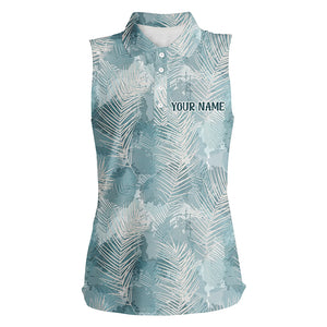 Womens Sleeveless Polo Shirt Watercolor Mint Tropical Palm Leaves Custom Funny Golf Tops For Women LDT0984