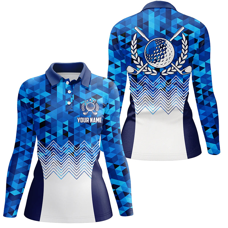 Womens Blue Geometric Golf Polos Custom Triangle Pattern Golf Shirts For Women Cool Golf Gift LDT0187