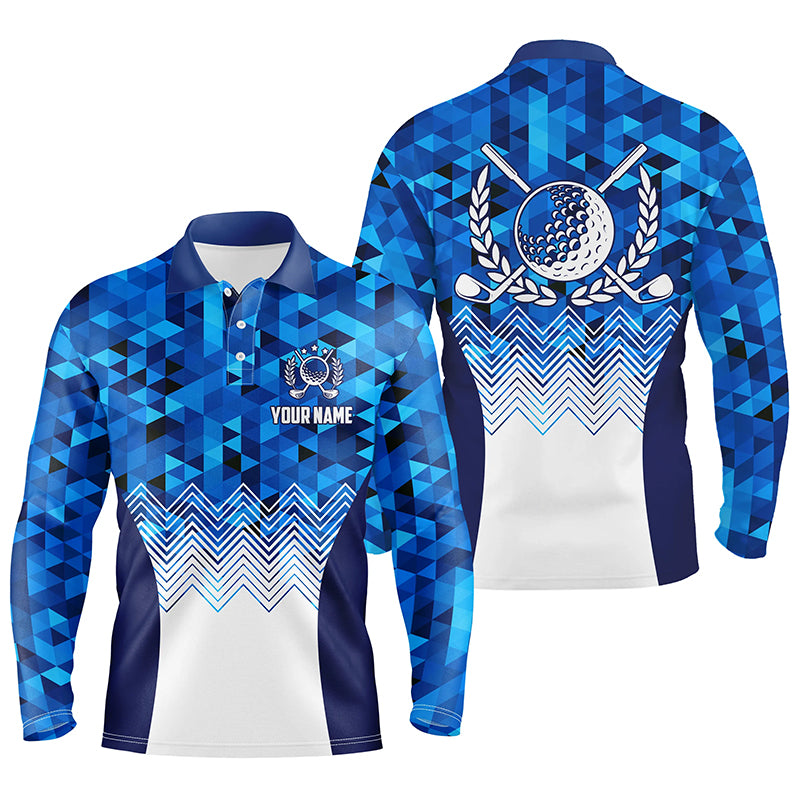Mens Blue Geometric Golf Polo Shirts Custom Triangle Pattern Golf Shirts For Men, Cool Golf Gifts LDT0187