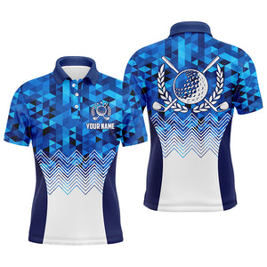 Mens Blue Geometric Golf Polo Shirts Custom Triangle Pattern Golf Shirts For Men, Cool Golf Gifts LDT0187