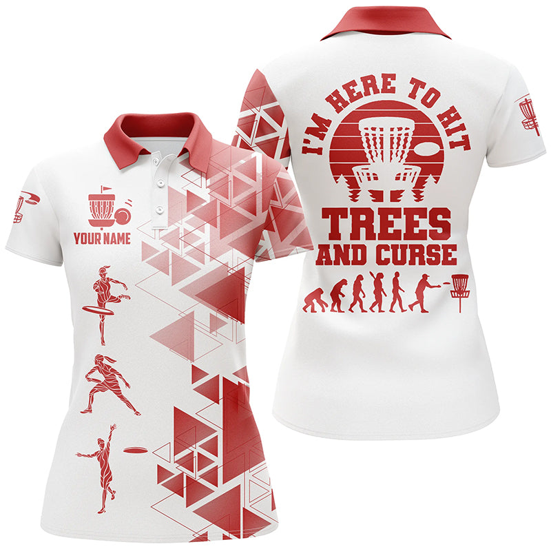 Personalized Womens Red & White Disc Golf Polo Shirts, Evolution Disc Golf Shirts For Women LDT0199