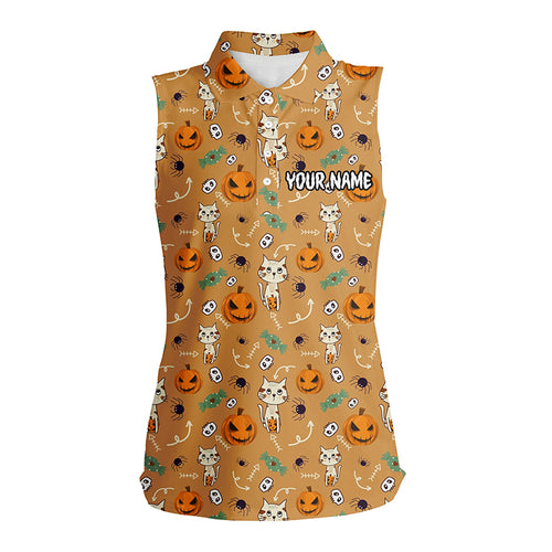 Cat Seamless Halloween Pattern Orange Sleeveless Golf Polo Shirts Cute Funny Golf Gifts For Women LDT0453