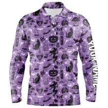 Load image into Gallery viewer, Purple Halloween Seamless With Pumpkin Cat Witch Funny Magic Halloween Golf Shirts For Men LDT0454