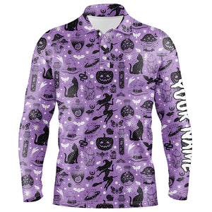 Purple Halloween Seamless With Pumpkin Cat Witch Funny Magic Halloween Golf Shirts For Men LDT0454
