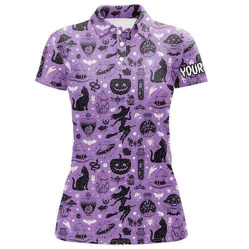 Purple Halloween Seamless With Pumpkin Cat Witch Funny Magic Halloween Golf Shirts For Women LDT0454