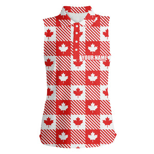 Maple Leaves On Red White Plaid Canadian Womens Sleeveless Polo Shirt Patriotic Golf Shirt For Women LDT0477