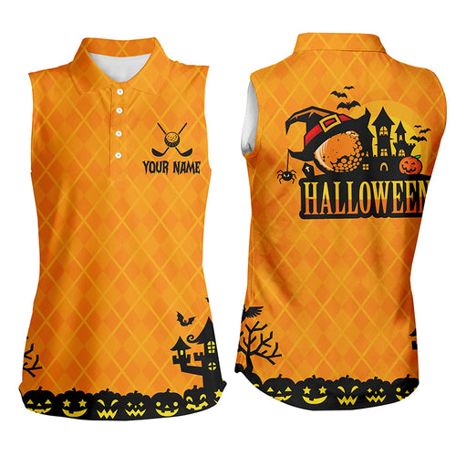 Halloween Landscape Pumpkin Orange Argyle Womens Sleeveless Polo Shirt Custom Funny Golf Gift For Her LDT0481