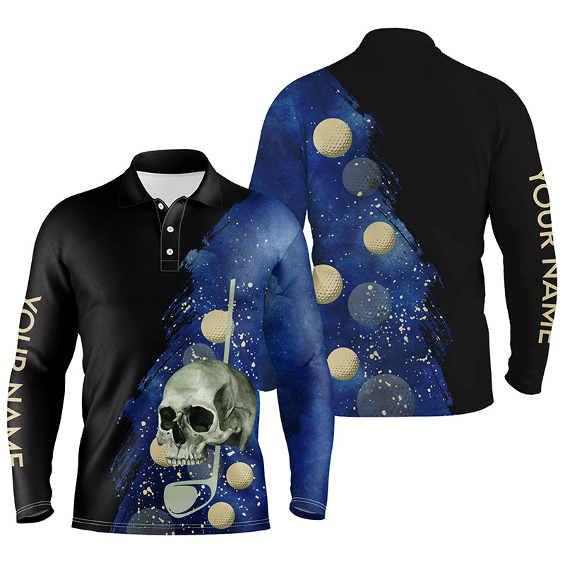 Water Color Golf Skull With Golf Ball Mens Polo Shirt, Custom Name Black Blue Golf Shirts For Men LDT0017