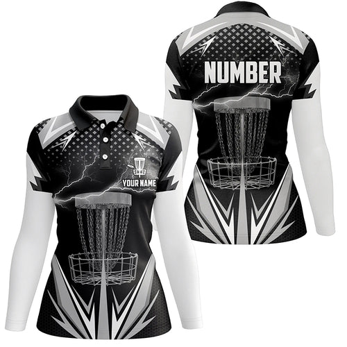 Black & White Thunder Disc Golf Polo Shirts, Custom Lightning Disc Golf Shirts For Women LDT0218