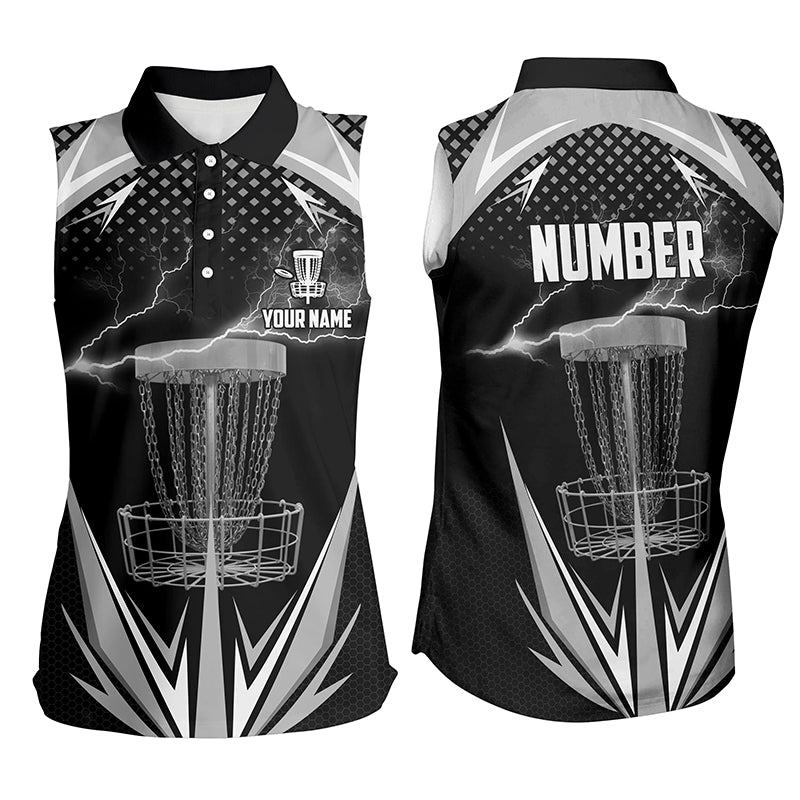 Black & White Thunder Disc Golf Sleeveless Polo Shirts, Custom Lightning Disc Golf Shirts For Women LDT0218