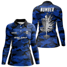 Load image into Gallery viewer, Blue Camo Womens Disc Golf Polo Shirt Custom Camouflage Disc Golf Shirts For Women Golf Gifts LDT0787