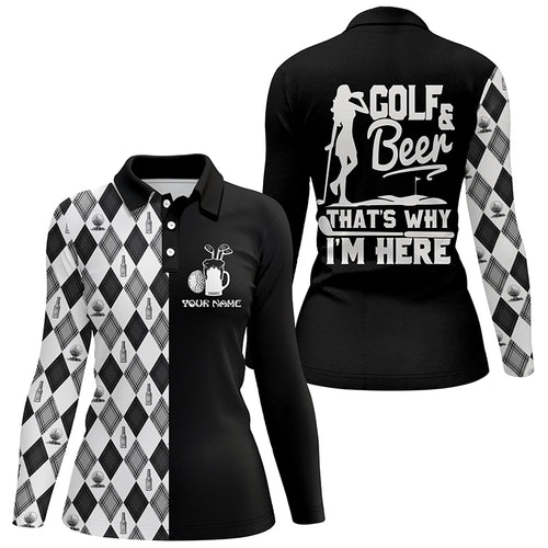 Golf & Beer That’s Why Im Here Black White Argyle Pattern Golf Polo Shirt Golf Tops For Women LDT0792