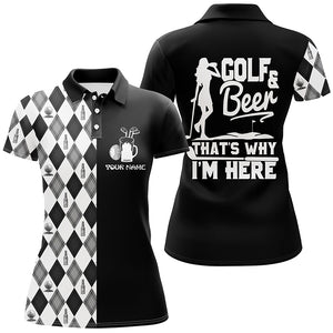 Golf & Beer That’s Why Im Here Black White Argyle Pattern Golf Polo Shirt Golf Tops For Women LDT0792