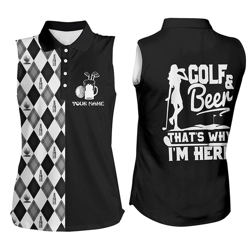 Golf & Beer That’s Why Im Here Womens Sleeveless Polo Shirt Black White Argyle Golf Tops For Women LDT0792