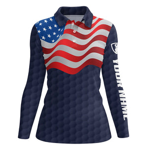 Navy American Flag Womens Golf Polo Shirts Custom Patriotic Golf Shirts For Women Golf Gifts LDT1429