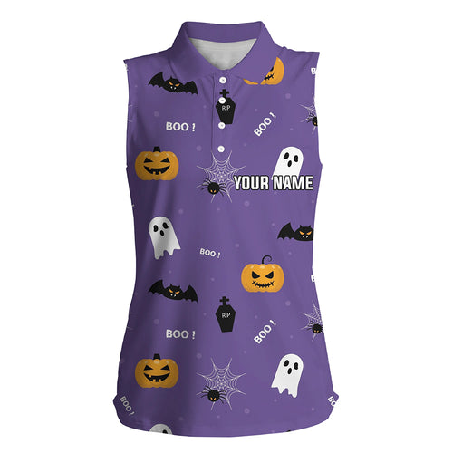 Halloween Seamless With Pumpkin Boo Spider Purple Womens Sleeveless Polo Shirt Funny Women Golf Tops LDT0505