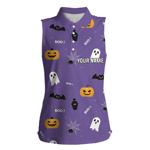 Halloween Seamless With Pumpkin Boo Spider Purple Womens Sleeveless Polo Shirt Funny Women Golf Tops LDT0505