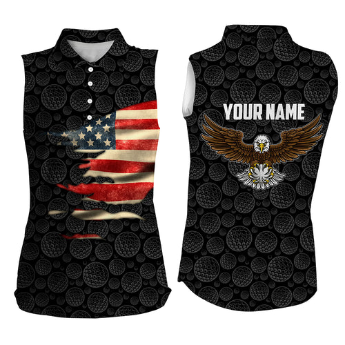 Vintage 3d American Flag Eagle Black Sleeveless Polo Shirt For Women Custom Golf Pattern Patriotic Top LDT0230