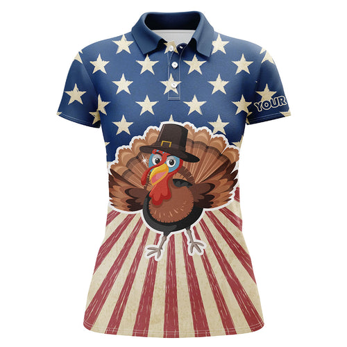 Turkey Bird Thanksgiving American Flag Golf Polo Shirt Womens Patriotic Golf Tops Golf Gifts LDT0841