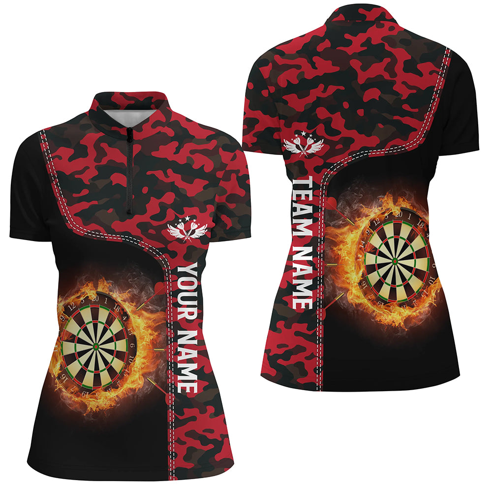 Red Camo Flame Darts Board Womens Quarter Zip Shirt Womens Darts Shirt Custom Dart Jerseys LDT1237