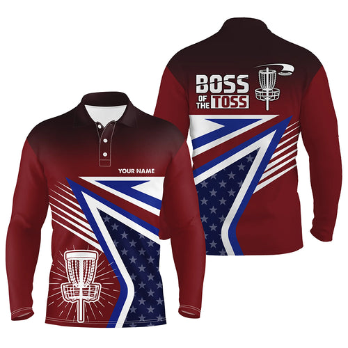 Boss Of The Toss American Flag Disc Golf Polos Custom Name Patriotic Golf Shirts For Men LDT0239