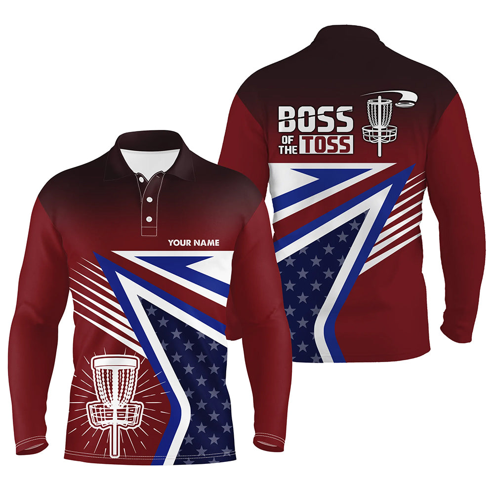 Boss Of The Toss American Flag Disc Golf Polos Custom Name Patriotic Golf Shirts For Men LDT0239