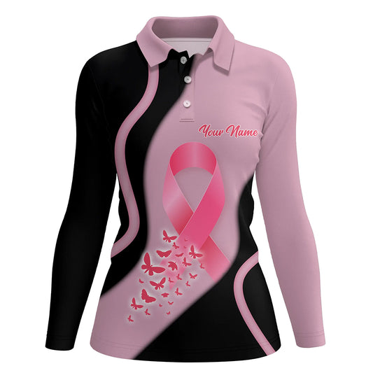 Black & Pink Butterfly Custom Womens Golf Shirt Breast Cancer Awareness Golf Tops For Ladies LDT0248