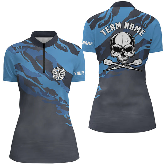 Personalized Blue Skull Darts Quarter Zip Shirt Custom Darts Shirt For Women Dart Jerseys LDT1067