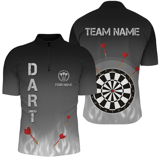Gradient Black Grey Fire Flame Darts Quarter Zip Shirts Custom Cool Darts Jersey For Men LDT1078