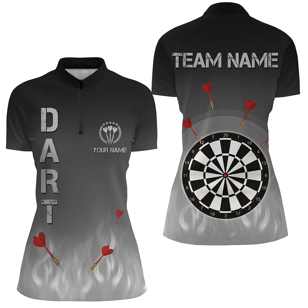Gradient Black Grey Fire Flame Darts Quarter Zip Shirts Custom Cool Darts Jersey For Women LDT1078